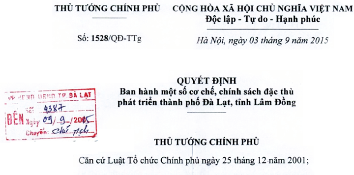 Quyết định 1528 ban hành một số cơ chế, chính sách đặc thù phát triển thành phố Đà Lạt, tỉnh Lâm Đồng