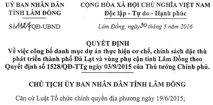 Quyết định 1127 về việc công bố danh mục dự án thực hiện cơ chế, chính sách đặc thù phát triển thành phố Đà Lạt và vùng phụ cận tỉnh Lâm Đồng